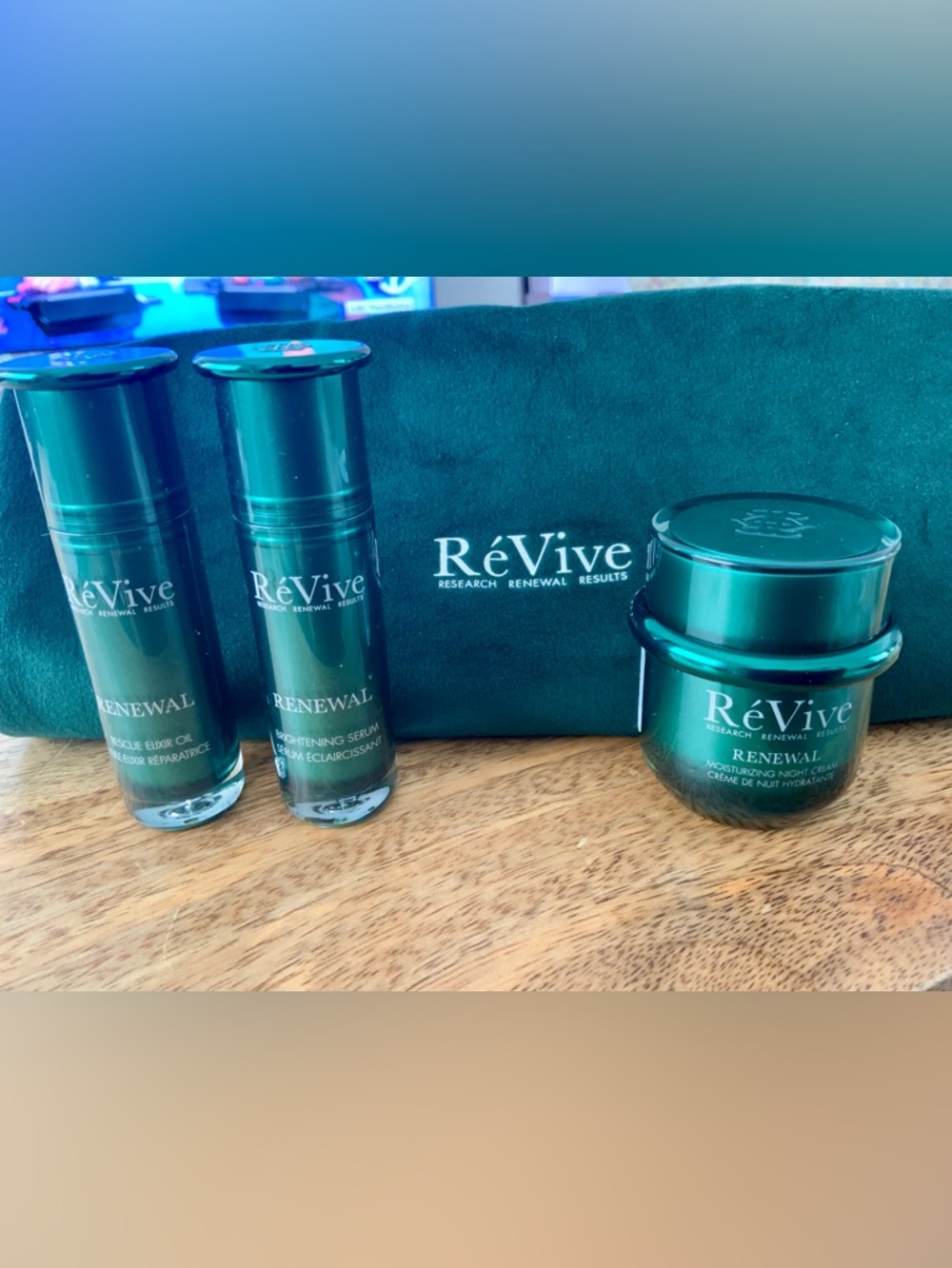 ReVive Skincare Travel Set with Green Velvet Drawstring Bag